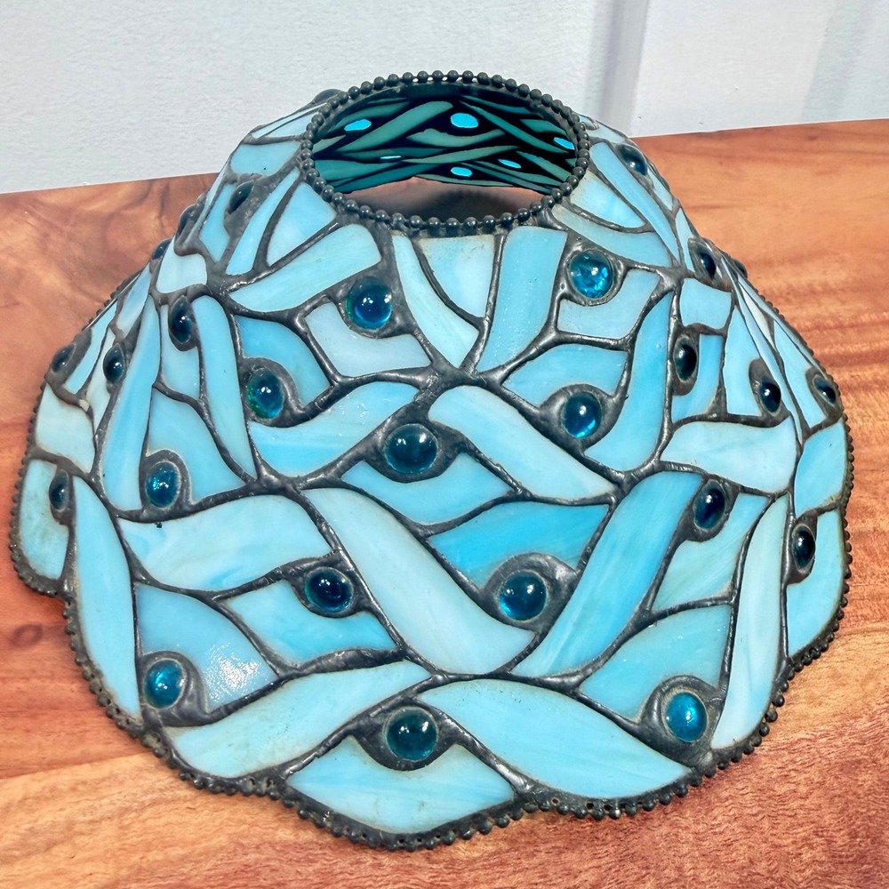Tiffany Style Stained Glass 10"Leaded Lamp Shade Color Blue w Blue Faux Pearls - Picture 2 of 6